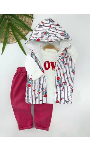 Luz&Pos 3-4-5-6 Yaş Kapşonlu Fermuarlı Çiçekli Şişme Yelek Sweat Pantolonlu 3lü Kız Erkek Çocuk Takımı Pembe