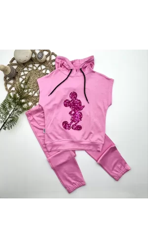 Luz&Pos 3-4-5 Yaş Kapşonlu Payetli Mickey Desenli Kısa Kol 2li Kız Erkek Çocuk Takımı Pembe