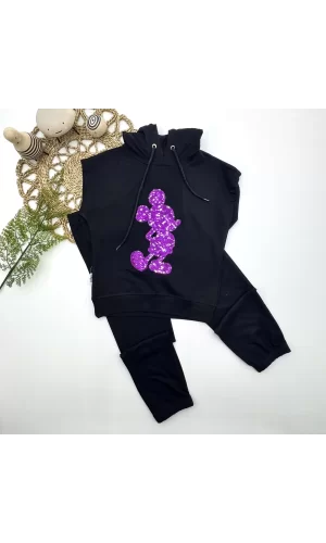 Luz&Pos 3-4-5 Yaş Kapşonlu Payetli Mickey Desenli Kısa Kol 2li Kız Erkek Çocuk Takımı Siyah