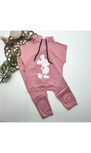 Luz&Pos 3-4-5 Yaş Kapşonlu Payetli Mickey Desenli Kısa Kol 2li Kız Erkek Çocuk Takımı Gül Kurusu