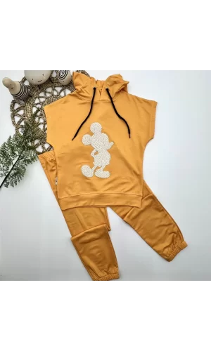 Luz&Pos 3-4-5 Yaş Kapşonlu Payetli Mickey Desenli Kısa Kol 2li Kız Erkek Çocuk Takımı Sarı