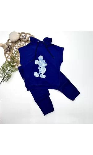 Luz&Pos 3-4-5 Yaş Kapşonlu Payetli Mickey Desenli Kısa Kol 2li Kız Erkek Çocuk Takımı Lacivert