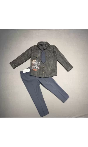 3-4-5 Yaş Kravatlı Keten Gömlek Gabardin Pantolon Uzun Kollu 3lü Erkek Çocuk Takımı Füme