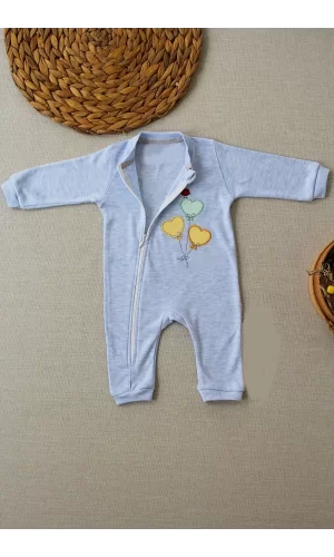 3-6 18-24 24-36 Ay Uçan Balonlar Nakışlı Ef Boy Fermuarlı Erkek Bebek Tulumu Mavi