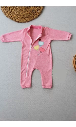 3-6 18-24 24-36 Ay Uçan Balonlar Nakışlı Ef Boy Fermuarlı Kız Bebek Tulumu Pembe