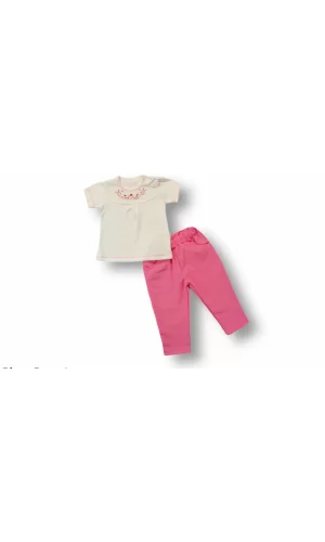 Luz&Pos 3-6 6-9 9-12 12-18 Ay Anadolu Çiçeği Nakışlı Kısa Kollu Sweatli 2li Kız Bebek Takımı Pembe