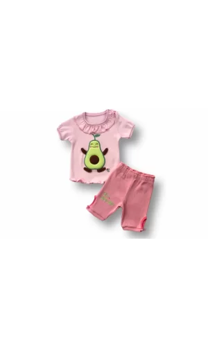 Luz&Pos 3-6 6-9 9-12 12-18 Ay Avokado Nakışlı Kısa Kollu Sweatli Şortlu 2li Kız-erkek Bebek Takımı Pembe
