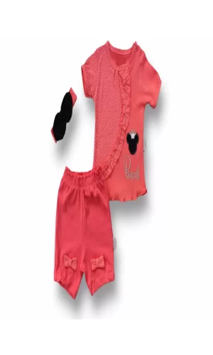 Luz&Pos 3-6 6-9 9-12 12-18 Ay Princess Taçlı Mickey Nakışlı Şort Tişört 3lü Kız Bebek Takımı Nar Çiçeği