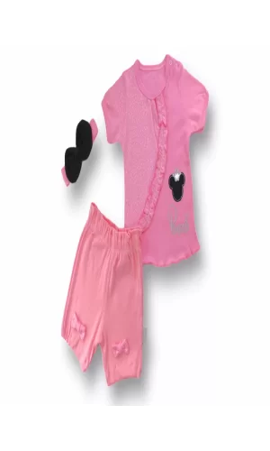 Luz&Pos 3-6 6-9 9-12 12-18 Ay Princess Taçlı Mickey Nakışlı Şort Tişört 3lü Kız Bebek Takımı Pembe