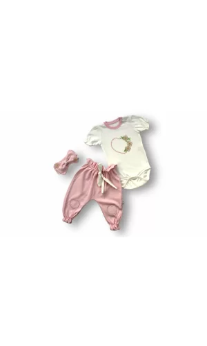 Luz&Pos 3-6 6-9 9-12 Ay Çiçekli Baharın Kalbi Nakışlı Bandanalı Kısa Kollu Zıbınlı 3lü Kız Bebek Takımı Ekru