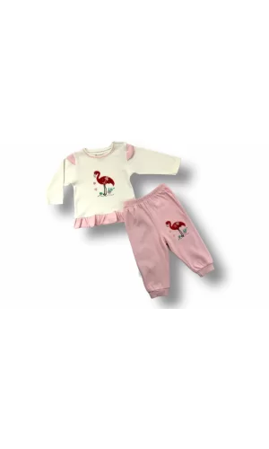 Luz&Pos 3-6 6-9 9-12 Ay Flamingo Nakışlı Uzun Kollu Sweatli 2li Kız Bebek Takımı Ekru
