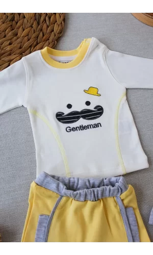 Luz&Pos 3-6 6-9 9-12 Ay Gentleman Erkek Nakışlı Şapkalı Uzun Kollu Sweat 3lü Erkek Bebek Takımı Sarı