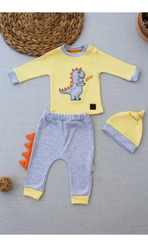 Luz&Pos 3-6 6-9 9-12 Ay Minik Dino Nakışlı Şapkalı Uzun Kollu Sweat 3lü Kız-erkek Bebek Takımı Sarı