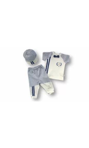 Luz&Pos 3-6 6-9 9-12 Ay My Prince Nakışlı Şapkalı Kısa Kollu Sweatli 3lü Erkek Bebek Takımı Ekru