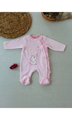 Luz&Pos 3-6 6-9 9-12 Ay Romantik Fil Nakışlı Pembe Süslü Kız Bebek Tulumu Pembe