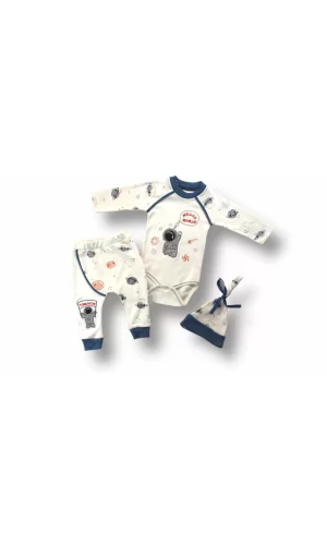 Luz&Pos 3-6 6-9 9-12 Ay Şirin Kozmonot Nakışlı Şapkalı Uzun Kollu Zıbınlı 3lü Kız-erkek Bebek Takımı Ekru