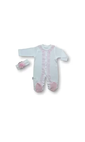 3-6 6-9 Ay Dantelli Boydan Çıtçıtlı Bandanalı Patikli Uzun Kollu Kız Bebek Tulumu Ekru