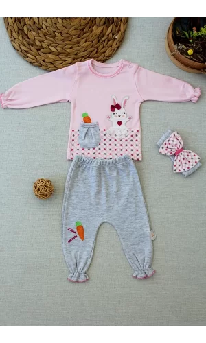 Luz&Pos 3-6 9-12 12-18 Ay Havuç Tavşan Nakışlı Bandanalı Cepli Uzun Kollu Sweatli 3lü Kız Bebek Tak Pembe