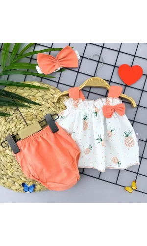 Luz&Pos 3-6-9-12 Ay Bandajlı Ve Kilotlu Ananas Desenli Askılı 3lü Kız Bebek Elbisesi Turuncu