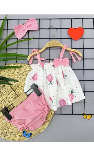 Luz&Pos 3-6-9-12 Ay Bandajlı Ve Kilotlu Ananas Desenli Askılı 3lü Kız Bebek Elbisesi Pembe