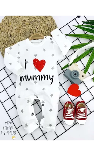 3-6-9-12 Ay Gümüş Yıldız I Love Mummy Baskılı Uzun Kollu Kız Erkek Bebek Tulumu Beyaz