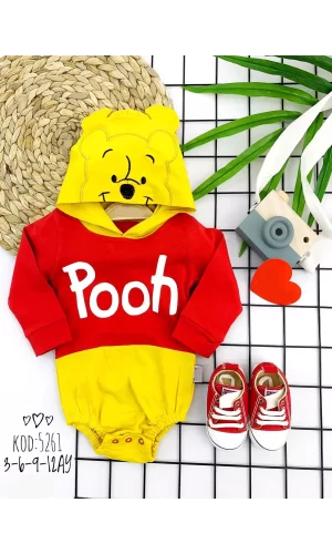 Luz&Pos 3-6-9-12 Ay Kapşonlu Pooh Desenli Uzun Kollu Kız Erkek Bebek Bady &zıbın Kırmızı