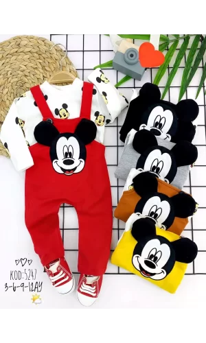 Luz&Pos 3-6-9-12 Ay Mickey Figürlü Uzun Kollu Baskılı Sweatli 2li Kız Erkek Bebek Salopet Takımı Kırmızı