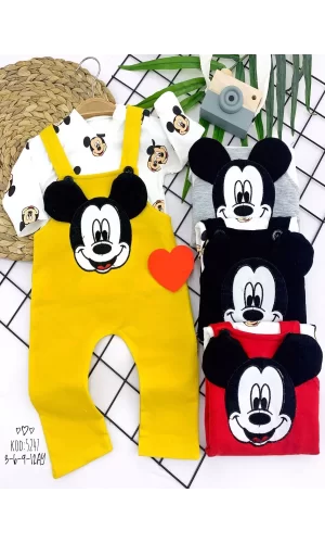 Luz&Pos 3-6-9-12 Ay Mickey Figürlü Uzun Kollu Baskılı Sweatli 2li Kız Erkek Bebek Salopet Takımı Sarı