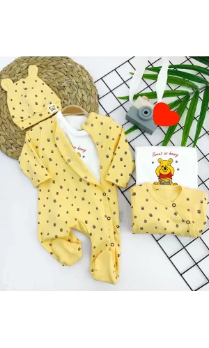 Luz&Pos 3-6-9-12 Ay Pooh Desenli Şapkalı Sweatli 3lü Kız Erkek Bebek Tulum Sarı