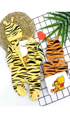 Luz&Pos 3-6-9-12 Ay Pooh Desenli Zebra Çizgili Şapkalı Sweatli 3lü Kız Erkek Bebek Tulumu(sarı) Sarı