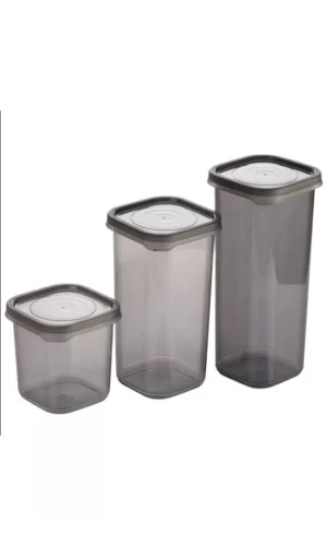 3 Adet 3 Boy Siyah Saydam Plastik Kavanoz Saklama Kabı Kapaklı Kare Model