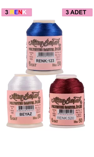 3 Adet Altınbaşak Oya ve Dantel İpi 20 gr - Royaleks - No: BEYAZ - 520 - 123