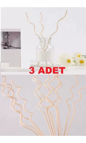 3 Adet Dalgalı Model Aromaterapi Dağıtıcı Rattan Sopa- Ev Dekor Şişe - Koku Yağı Ahşap Difüzör Çubuk