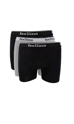 3 adet Feelline Siyah ve Gri Pamuklu Doğal Likralı Erkek Boxer
