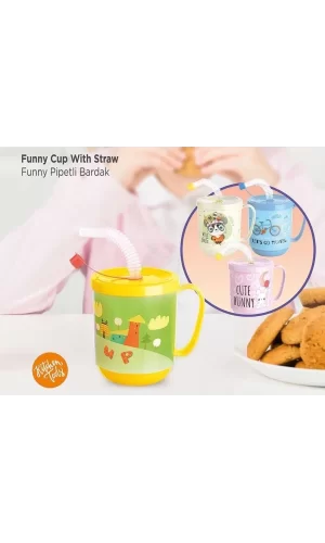 3 Adet Pipetli Çocuk Içecek Bardağı Desenli Bardak 350ml