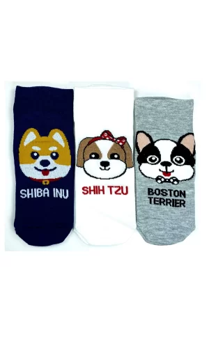 3 Çift Sevimli Köpek Temalı Baskılı Yumuşak Kadın Bilek Çorap