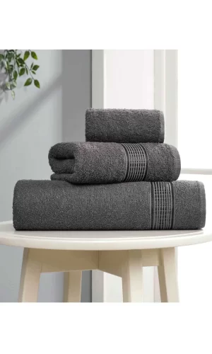 3 lü Banyo Havlusu Seti Pamuklu Ritim Antrasit