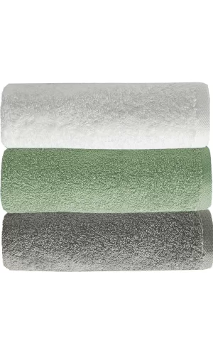 3 lü Düz Renk El Yüz Havlu Seti &#37;100 Pamuklu 50x90 Cm Gri-Yeşil-Beyaz