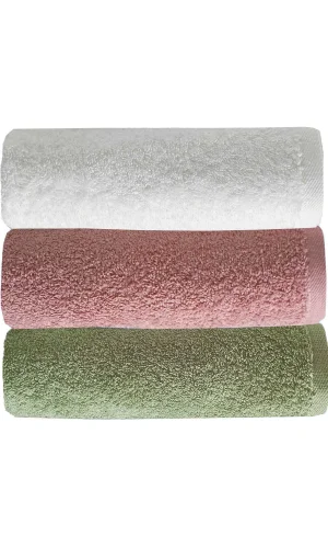 3 lü Düz Renk El Yüz Havlu Seti &#37;100 Pamuklu 50x90 Cm Yeşil Gül Beyaz