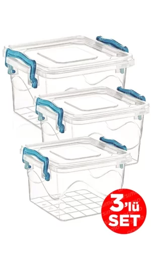 3lü Kare Kelepçeli Şeffaf Saklama Kabı Seti | Kapaklı Saklama Kabı Set 2.4 Lt - 1.2 Lt - 550 Ml Royaleks-82111
