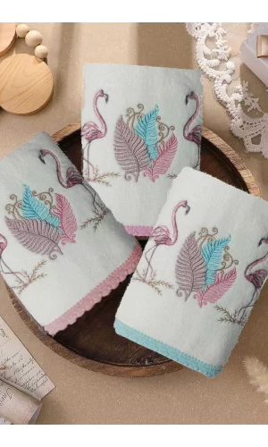 3 Lü Renkli Kuğu Nakışlı Su Taşı Kenar İşlemeli Havlu Seti 50X90 Cm