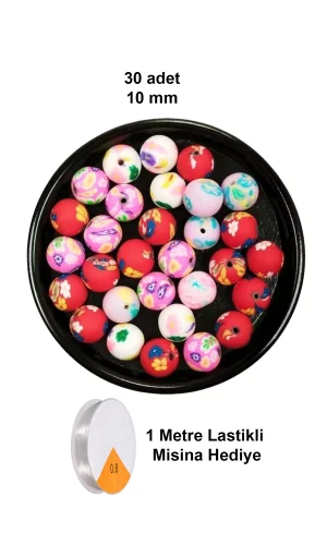 30 Adet 10 mm Polimer Kil Fimo Boncuk Takı Bileklik + 1 Metre Lastikli Misina Hediye - Desenli Yuvarlak
