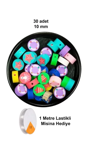 30 Adet 10 mm Polimer Kil Fimo Boncuk Takı Bileklik + 1 Metre Lastikli Misina Hediye - Deniz Teması