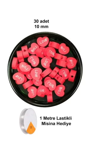 30 Adet 10 mm Polimer Kil Fimo Boncuk Takı Bileklik + 1 Metre Lastikli Misina Hediye - Kalp Love