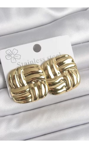 316 Çelik Gold Renk İşlemeli Kare Plaka Model Kadın Küpe