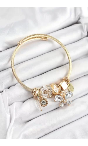 316L Çelik Beyaz Zirkon Taşlı Kelebek Model Gold Renk Charm Bileklik