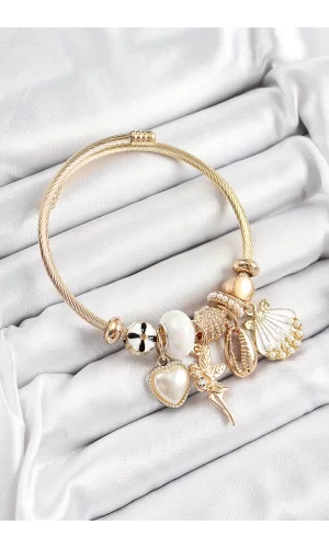 316L Çelik Beyaz Zirkon Taşlı Yıldız Melek İstiridye Ve Kalp Model Gold Renk Charm Bileklik