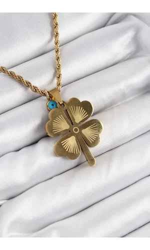 316L Çelik Burgu Zincirli Nazar Detaylı Yonca Model Gold Renk Kadın Kolye