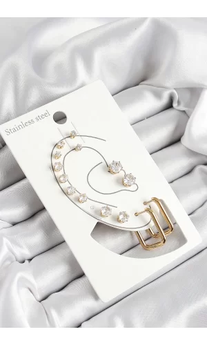 316L Çelik Dikdörtgen Figürlü Ve Zirkon Taşlı Gold Renk 7li Çift Kadın Küpe Set