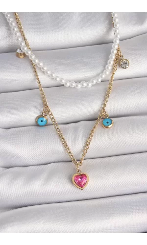 316L Çelik Gold Renk 2Li İnci Zincir Model Pembe Taşlı Kalp Figür Nazar Boncuk Detay Kadın Kolye